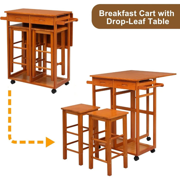 Storage Rack Trolley, Easy To Assemble Kitchen Island Trolley with Solid Wood Folding Table with 2 Square Stools and 2 Drawers