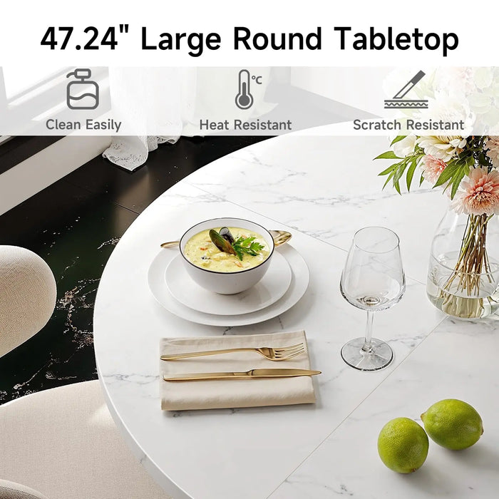 Round Dining Table 47.24 Inch Kitchen Table for 4 People Wooden Marble Pattern Dinner Room Table with Gold Base for Home Room