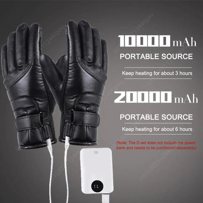 1 Pair PU Leather Snowmobile Gloves 3 Gear Adjustable USB Winter Electric Warming Gloves Waterproof Winter Outdoor Warm Gloves