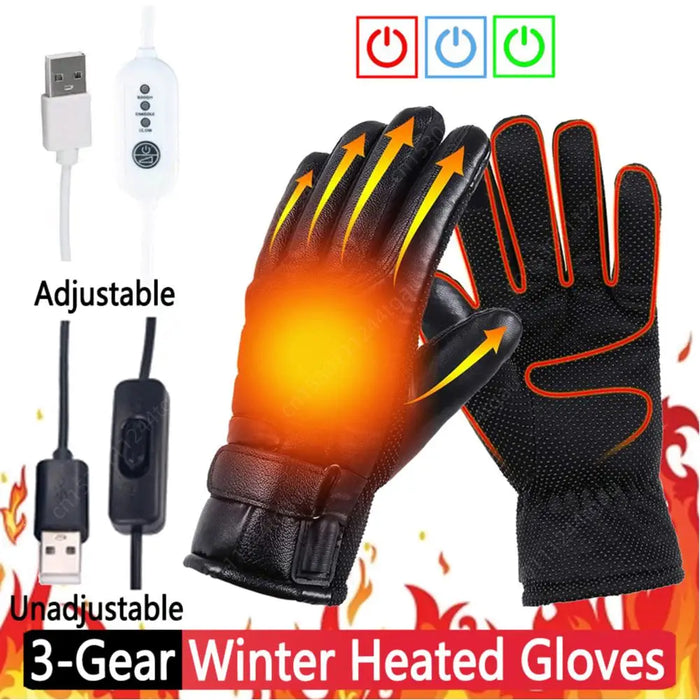 1 Pair PU Leather Snowmobile Gloves 3 Gear Adjustable USB Winter Electric Warming Gloves Waterproof Winter Outdoor Warm Gloves