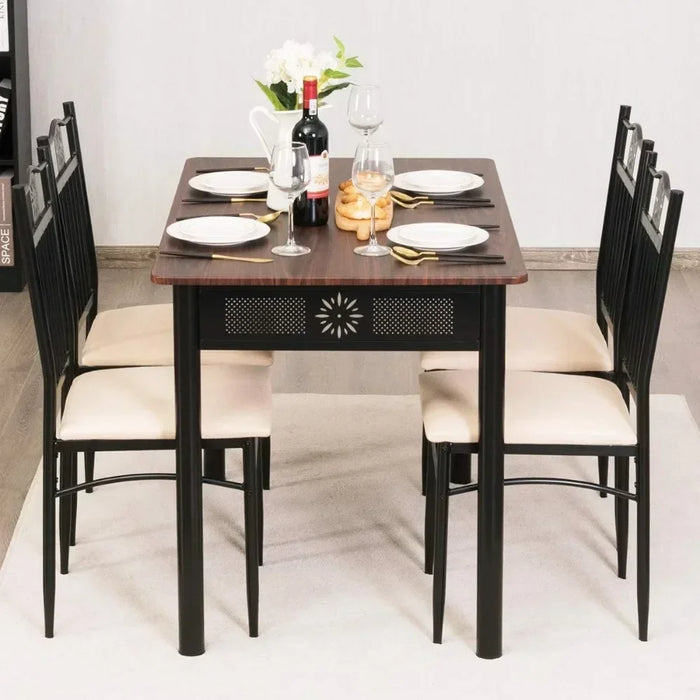 5 Piece Dining Table and Chairs Set Vintage Wood Top Metal Frame Padded Seat Diner Table Set Dining Room Furniture