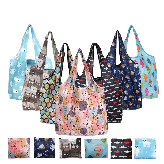 Reusable Shopping Bag Women Cute Fish Cart Flower Print  Nylon Foldable Grocery Bag Creative Eco-Friendly Tote Bag Lightweight