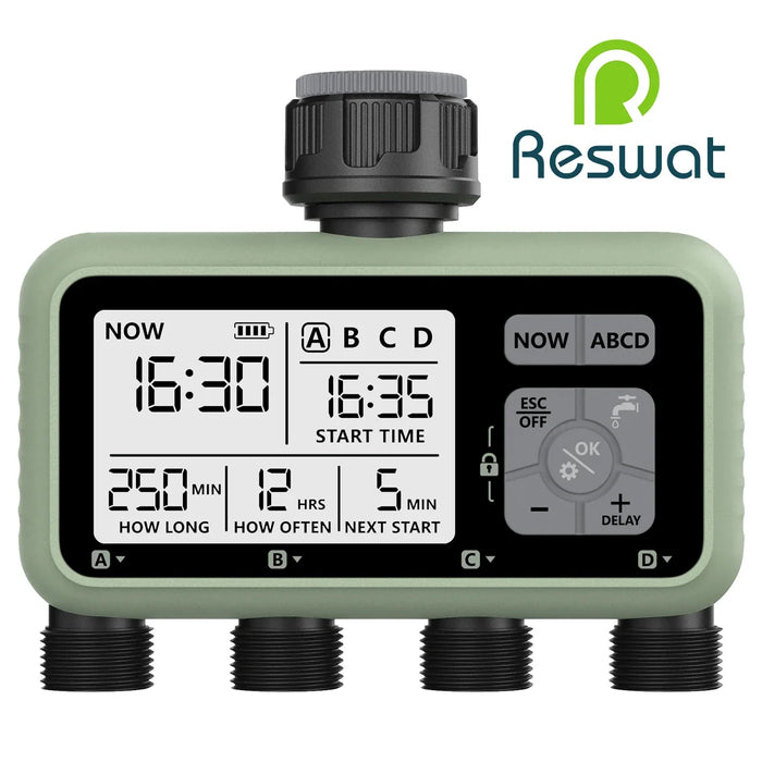 Reswat  4-Outlets Water Timer Automatic Drip Irrigation Controller Water Valve 4-way Independent Control Program Garden Tool