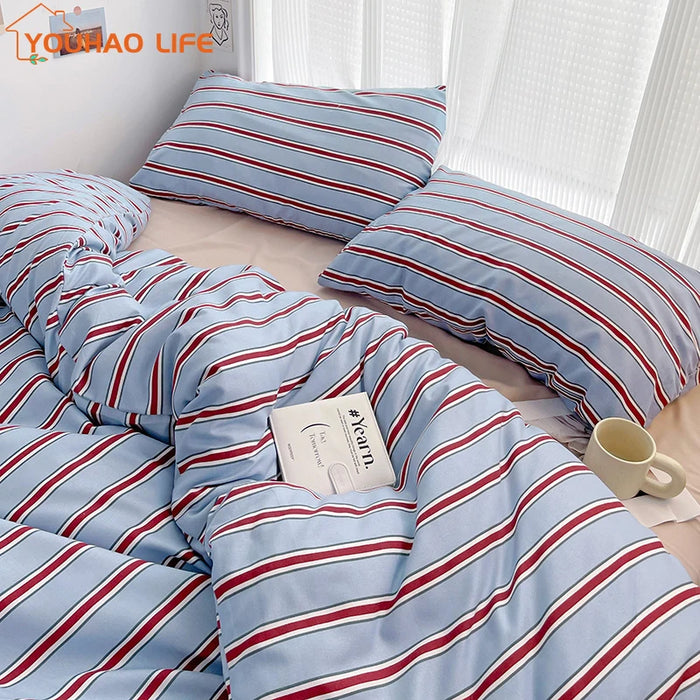 Luxury Stripe Bedding Comforter Set with Pillow Case, Single, Full Size Bed Linen Duvet Cover, King, Double