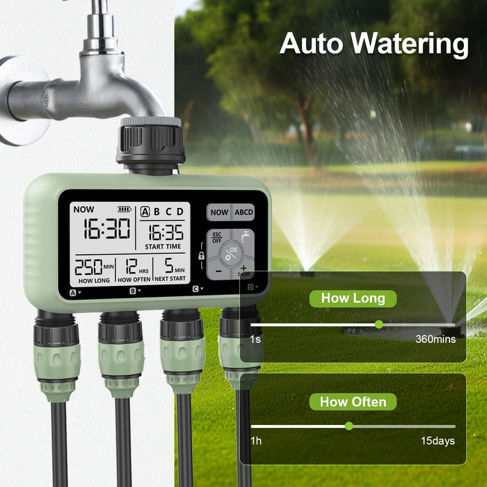 Reswat  4-Outlets Water Timer Automatic Drip Irrigation Controller Water Valve 4-way Independent Control Program Garden Tool