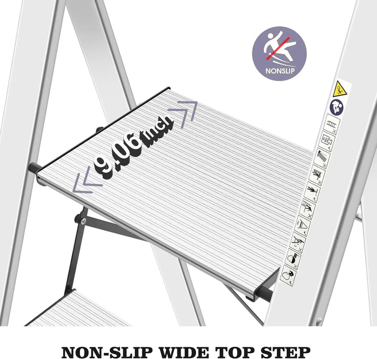 KINGRACK Aluminium 4 Step Ladder, Lightweight Step Stool with Non-Slip Pedals, Handrail, Foldable Step Ladder for Kitchen