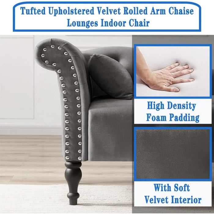 Tufted Upholstered Velvet Rolled Arm Chaise Lounges Indoor Chair, Right Arm Facing Chaise Lounge with Nailhead Trim and 1 Pillow