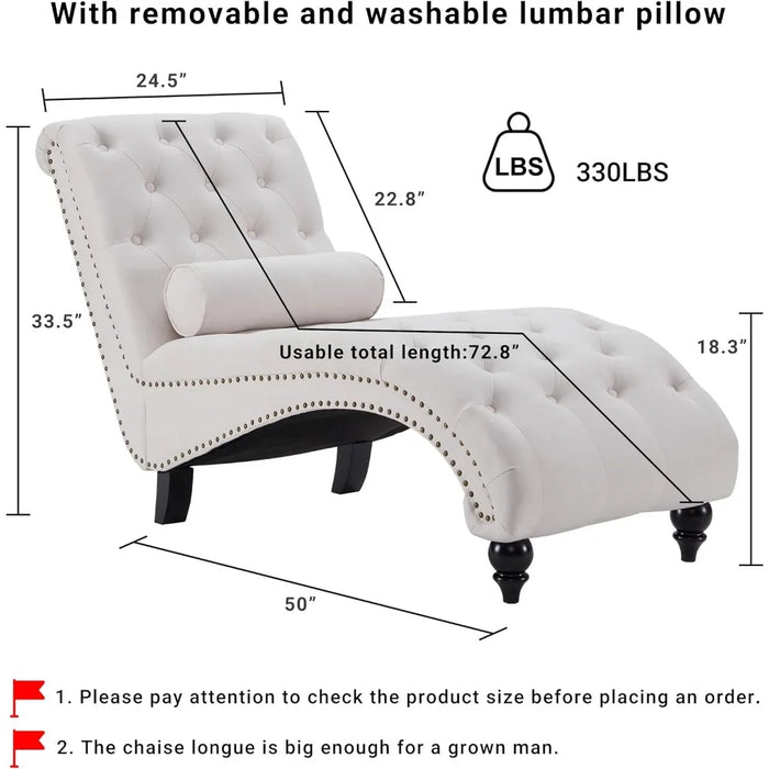 Upholstered Chaise Lounge with Solid Wood Legs, Support Pillow - For Bedroom, Living Room, Office