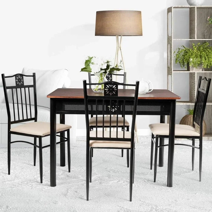 5 Piece Dining Table and Chairs Set Vintage Wood Top Metal Frame Padded Seat Diner Table Set Dining Room Furniture