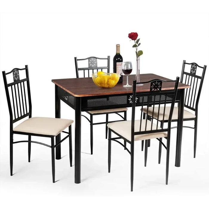 5 Piece Dining Table and Chairs Set Vintage Wood Top Metal Frame Padded Seat Diner Table Set Dining Room Furniture