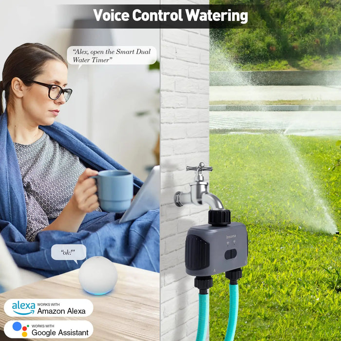 Insoma Automatic Water Timer with Wifi Hube 2-Outlet Garden Irrigation Watering System Sprinkler Programmer Tools support Alexa