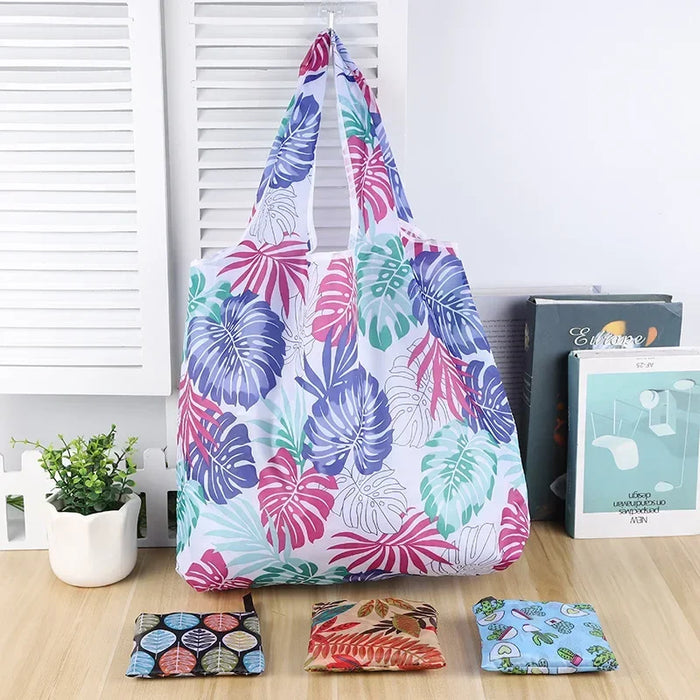 Fashion Printing Foldable Eco-Friendly Shopping Bag Tote Folding Pouch Handbags Convenient Large-capacity for Travel Grocery Bag