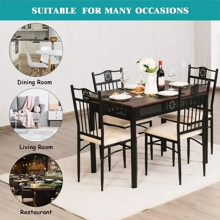 5 Piece Dining Table and Chairs Set Vintage Wood Top Metal Frame Padded Seat Diner Table Set Dining Room Furniture