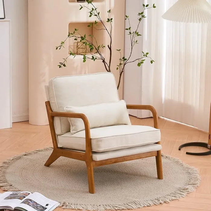 Accent Chair Mid-Century Modern Low Back Chair w/ Pillow,Upholstered Lounge Arm Chair w/ Solid Wood Frame & Soft Cushion, Beige