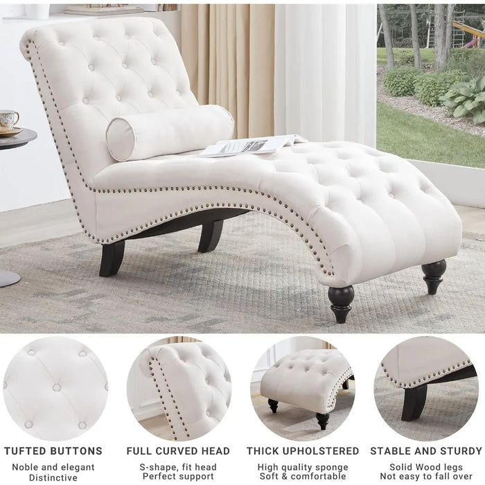 Upholstered Chaise Lounge with Solid Wood Legs, Support Pillow - For Bedroom, Living Room, Office