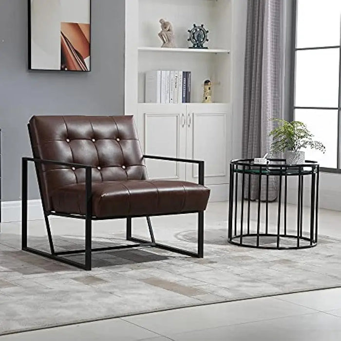 Mid-Century Modern Accent Chair Faux Leather Sofa Button Tufted Armchair with Metal Frame, Brown