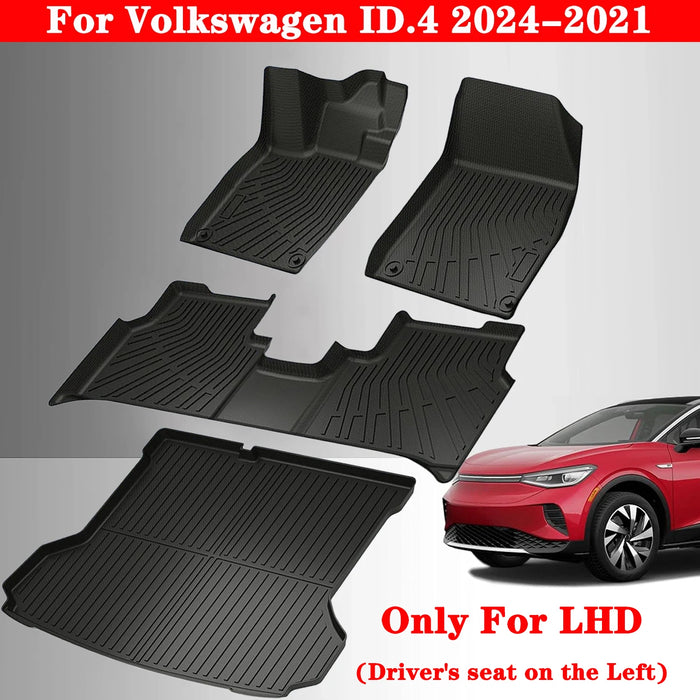 For Volkswagen ID.4 2024 2023 2022 2021 LHD TPE Floor Mats and Cargo Liner, All Weather Waterproof ID4 Crozz Trunk Mat Foot Pads