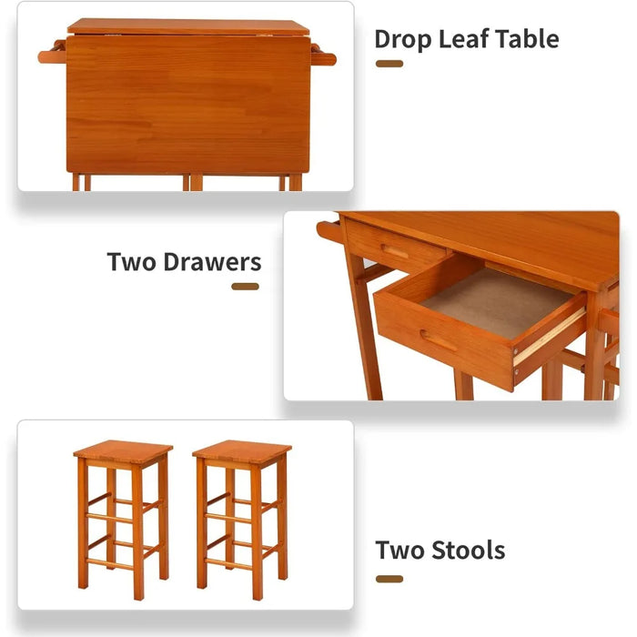 Storage Rack Trolley, Easy To Assemble Kitchen Island Trolley with Solid Wood Folding Table with 2 Square Stools and 2 Drawers