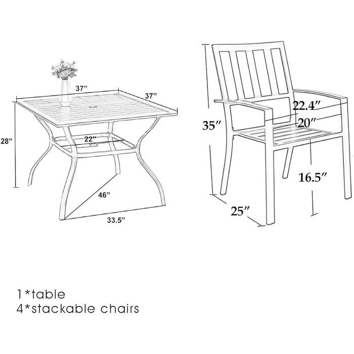 5 Piece Metal Patio Dining Set 37" Square Patio Bistro Table and Garden Backyard Chairs,Umbrella Hole 1.57",Black