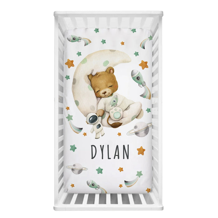 LVYZIHO Space Bear Sleeping On The Moon Crib Bedding Set, Custom Name Sleeping Lion Crib Sheet Set, Baby Shower Gift Bedding Set