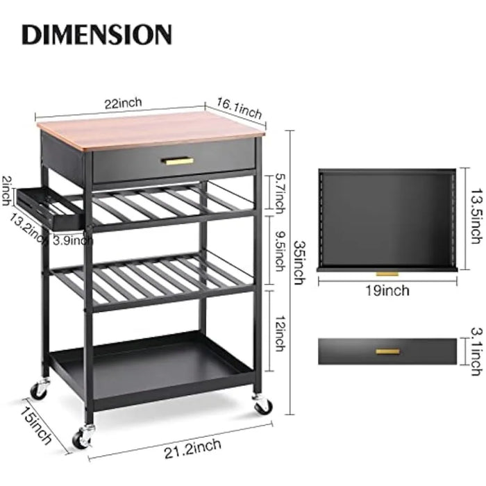 Storage Rack Trolley, Kitchen Island Cart with Drawers on Wheels, Rolling Kitchen Serving Cart with Hooks and Wooden Tabletop