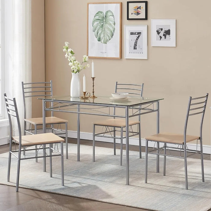 5-piece dining table set for 4 people, with chairs, glass countertop, small space, silver color