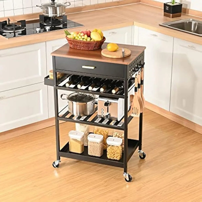 Storage Rack Trolley, Kitchen Island Cart with Drawers on Wheels, Rolling Kitchen Serving Cart with Hooks and Wooden Tabletop