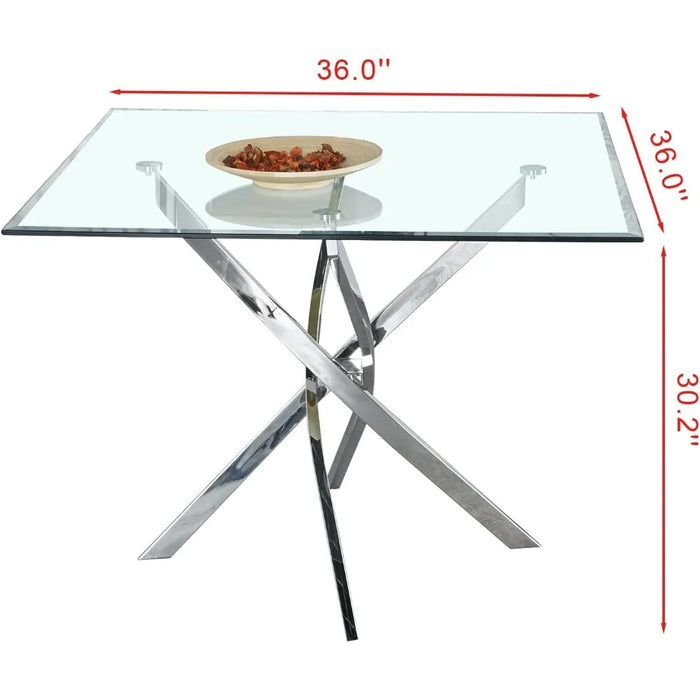 Glass Square Dining Table with Tempered Glass Table Top Stainless Steel Legs,36" Modern Square Glass Kitchen Table