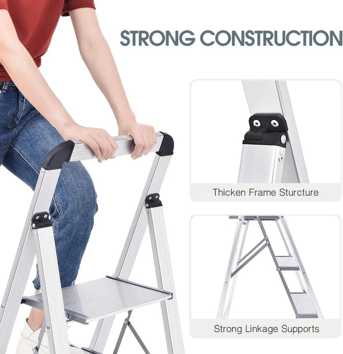 KINGRACK Aluminium 3 Step Ladder, Lightweight Step Stool with Non-Slip Pedals, Handrail, 330 LBS Foldable Step Ladder